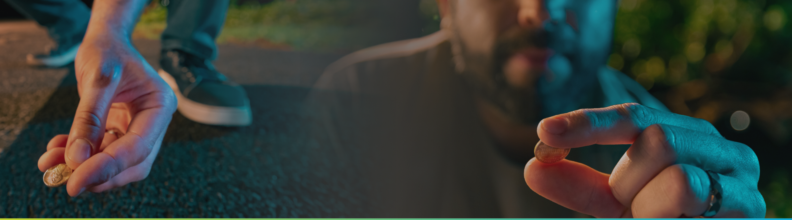 [Left] Man finding a lucky penny. [Right] Man contemplating the luck a penny could bring him. 