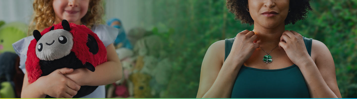 Desktop: [Left] Girl contemplating the luck her stuffed ladybug could bring her. [Right] Woman contemplating the luck her four-leaf clover necklace could bring her.